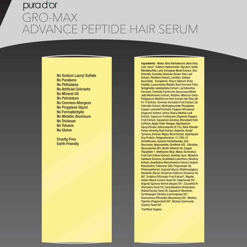 PURA D'OR 3.38 Oz Gro-Max Advanced Peptide Hair Serum (NEW FORMULA) Plant Stem Cell, Catalase, Copper Tri-Peptide, C60, Biotin, Melatonin, Trichogen, Caffeine, Rosemary - Stronger, Thicker Hair