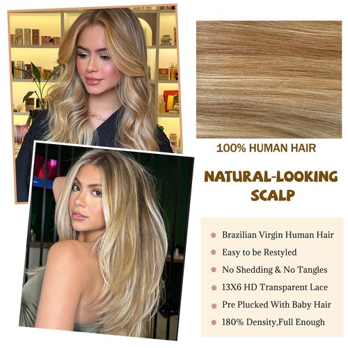Belaved Highlight Ombre Lace Front Wigs Human Hair Medium Brown Mix Blonde 13x6 Long Straight Balayage 180% Density HD Wig for Women Pre Plucked With Baby Hair 8B60A 18 Inch
