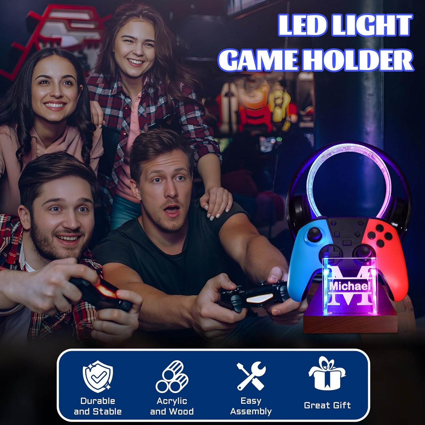 YuanDian Gamer Gifts for Teenage Boy, Desk Gaming Headset and Controller Stand with Blue Pink LED Night Light, Acrylic Wooden Controller Holder with PCB Pattern, Desk Decor Gift