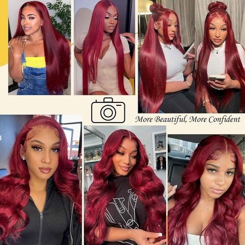 ediere 99j Burgundy Lace Front Wigs Human Hair 13x6 HD Transparent Burgundy Wig Human Hair 200 Density Body Wave Lace Front Wigs Human Hair30inch