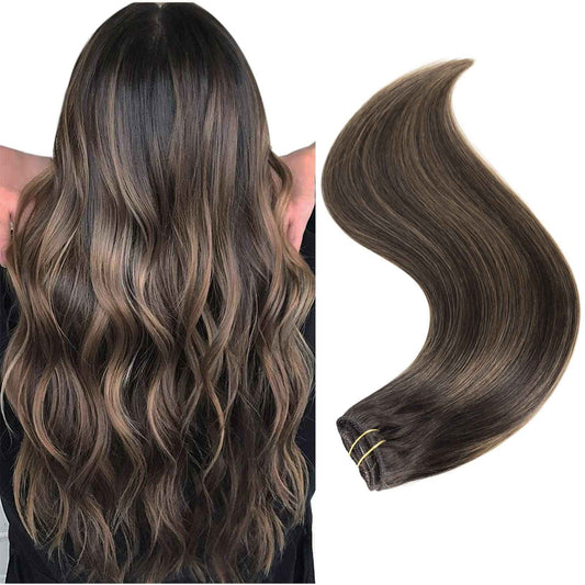 18" Clip in Remy Human Hair Extensions Balayage Dark Brown to Maroon Brown Human Hair Extensions, Double Weft Thickness to Ends, 100% Female Extensions, 6 Pack 70g / 2.45oz.