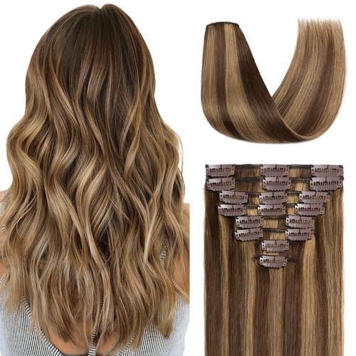 TESSHAIR Clip in Hair Extensions Real Human Hair 16 Inch Human Hair Clip in Extensions Medium Brown & Dark Blonde Hair Extensions Clip ins Double Weft 100% Real Human Hair Extensions 8 PCS 65g #4P27