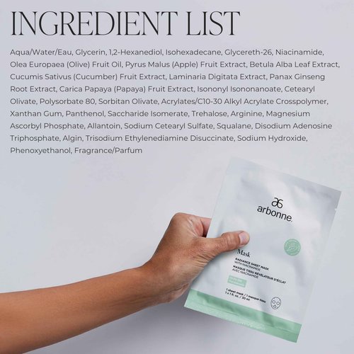 Arbonne Radiance Face Sheet Mask - Sheet Face Mask with Niacinamide for Dry and Dull Skin, Enhance Brightness, Tone, Smooth and Hydrate Skin - 5 Pack