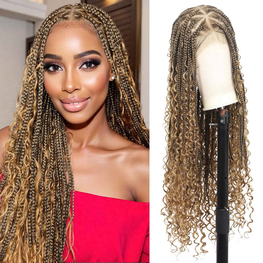 KERNORV 360° HD Full Lace Knotless Boho Braided Wigs for Women Full Lace Box Braid Wig with Baby Hair Premium Synthetic Lace Front Braided Wigs with Curly Ends 36" Light Brown
