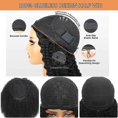 UWLK Half Wig Human Hair Curly 20 Inch 200 Density Glueless Jerry Curly Human Hair Half Wigs For Black Women 3 In 1 Seamless Flip Over Wear Go Beginner Friendly Curly Wig Natural Color