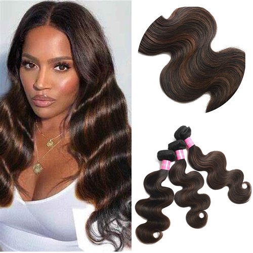 Lovenea Highlight Brown Body Wave Virgin Hair 3 Bundles 10 12 14 Inch 10A Brazilian Human Hair Extensions Ombre Color Body Wavy Human Hair Weave Bundles (FB30, 10 12 14)
