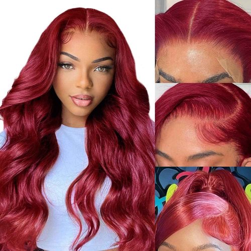 99J Burgundy Lace Front Wigs Human Hair 13X4 HD Lace Human Hair Wigs 180% Density Red Body Wave Human Hair Wigs Pre Plucked Bleached Knots Lace Front Wig With Baby Hair (22inch, 13x4 Burgundy)