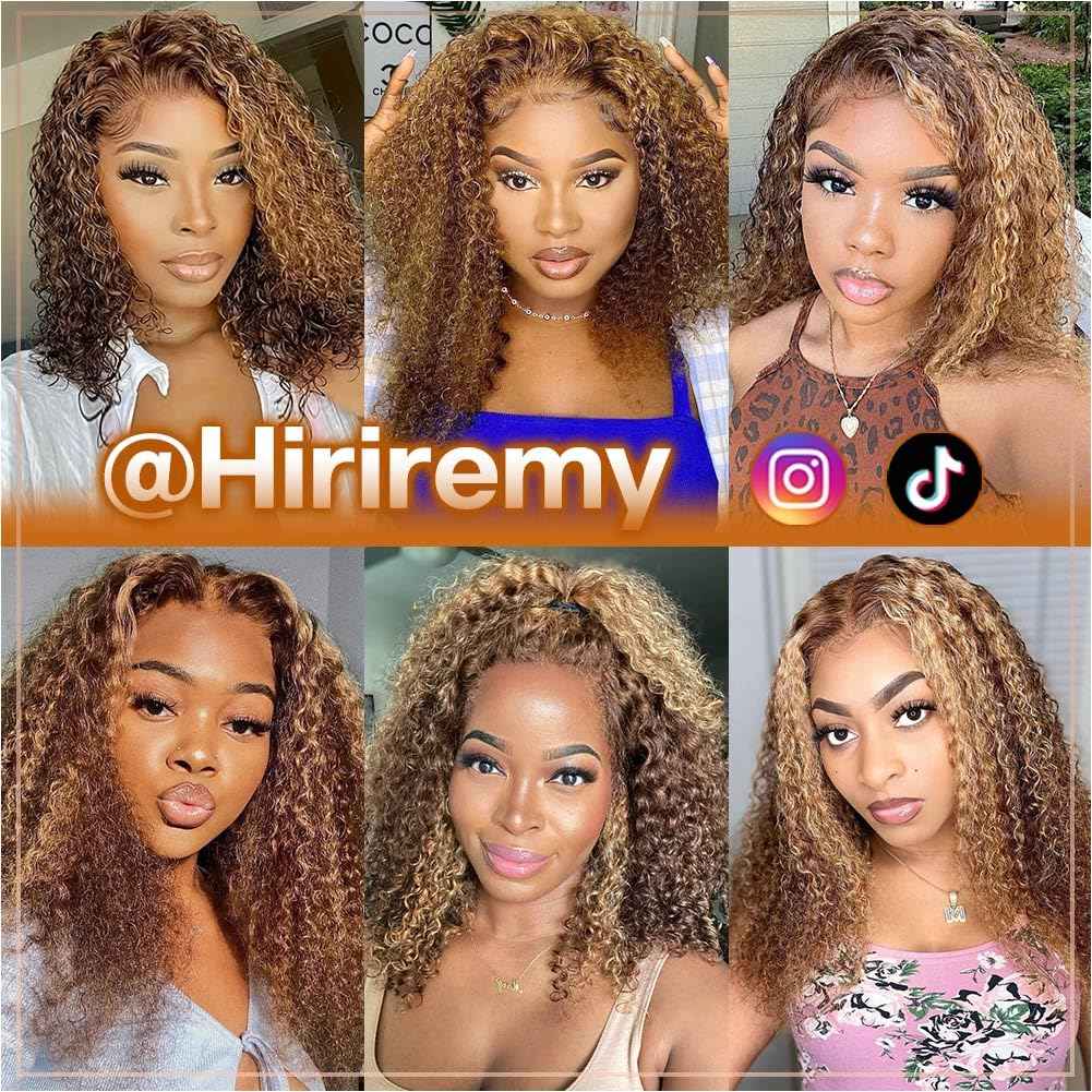 HIRIREMY Curly Bob Wig Human Hair Deep Wave 13x4 HD Lace Front Wigs For Black Women Human Hair Pre Plucked Wear And Go Glueless Short Wet And Wavy Ombre Honey Blonde Highlight Color 4/27 16 Inch