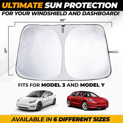 Tesla Windshield Sun Shade for Model(3/Y)(2016–2025) – XX-Large 56" x 36", Foldable Front Sunshade with Storage Bag | Reflective 240T Polyester | Blocks UV Rays&Heat – Interior Protection Accessory