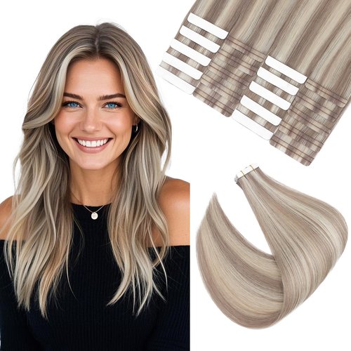 Elailite Tape in Hair Extensions Human Hair Thick Real Remy Hairpieces Ash Blonde & Bleach Blonde 22 Inch 50g 20pcs Straight Invisible Seamless Skin Weft Best Tape for Women