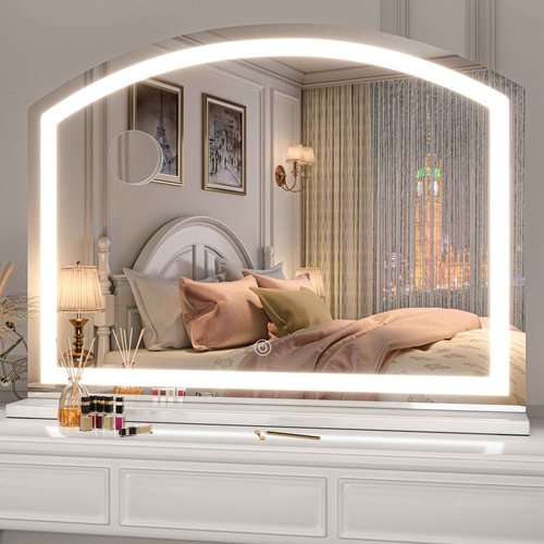 Hasipu Arch Vanity Mirror with Light, 32" x 24" Arched Led Makeup Mirror with 10X Magnification, Tabletop Desk Mirror, Dimmable 3 Colors Mode
