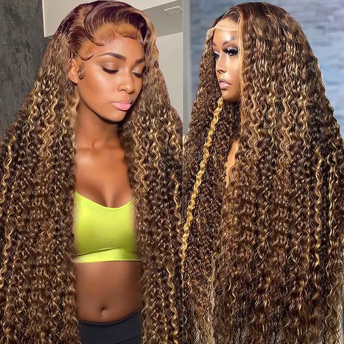 PXTPXT 30 Inch Honey Blonde Highlight Ombre Lace Front Wig Human Hair 200% Density 13x6 HD Deep Wave Curly Wig Pre Plucked with Baby Hair