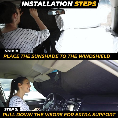 Windshield Sun Shade for Car, SUV & Truck – Patented Design Blocks 99% UV Rays & Heat | 240T Reflective Polyester Sunshade with Storage Bag | Keeps Vehicle Interior Cool | Universal Fit (64" x 33.5")