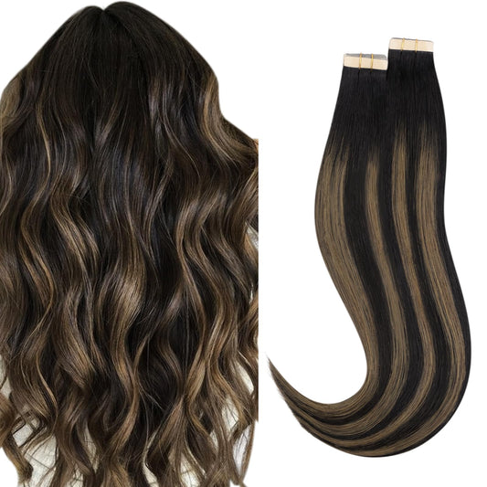 HOTBANANA Tape in Hair Extensions, 18 Inch 40pcs 100g Balayage Natural Black to Chestnut Brown Straight Remy Human Tape Hair Extensions