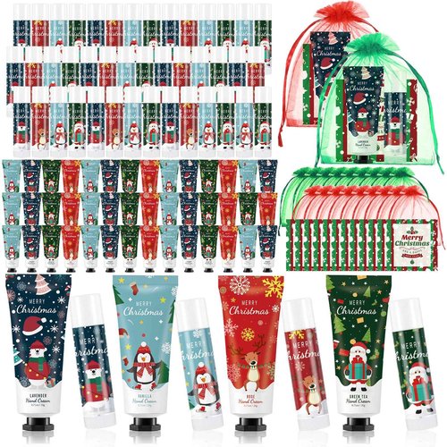 Heigble 60 Set Christmas Hand Cream Gift Set, Including Moisturizing Hand Lotion, Xmas Lip Balm, Gauze Bags, Thank You Cards Natural Fragrant Bulk Christmas Gifts for Coworkers Employees Stuffers