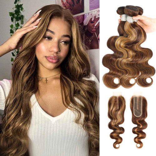 AUROO 12A Honey Blonde Highlight Human Hair Bundles With 2x6 HD Closure Body Wave,100% Virgin P4/27 Ombre Brown Weaves 3 Bundles with Kim K Long Deep Part 2x6 Lace Closure Pre Plucked Remy 10 12 14+10