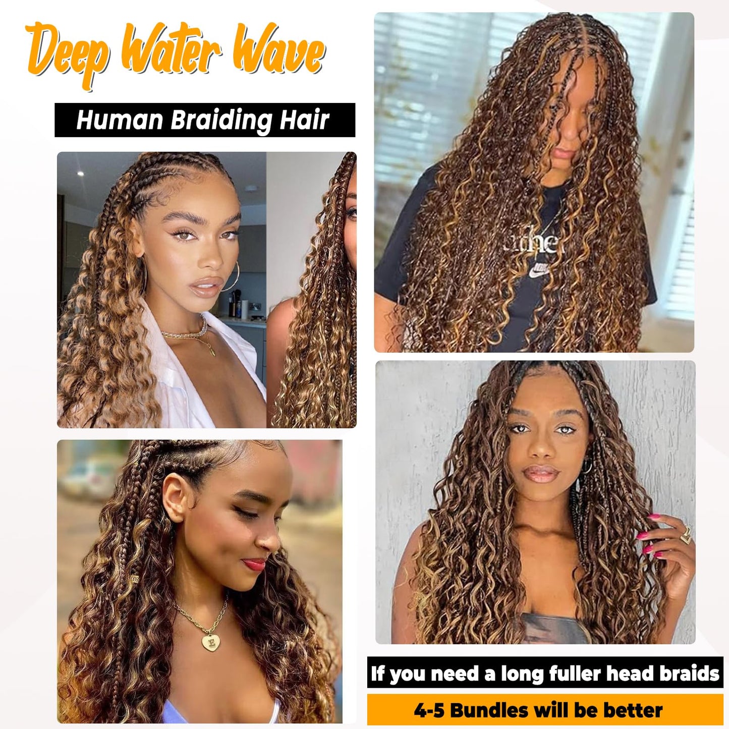 Human Braiding Hair Deep Wave Bulk Human Hair for Braiding 4/27 Honey Blonde No Weft Curly Braiding Hair Extensions for Boho Braids Wet and Wavy Braiding Human Hair Bundles 30 Inch 100g