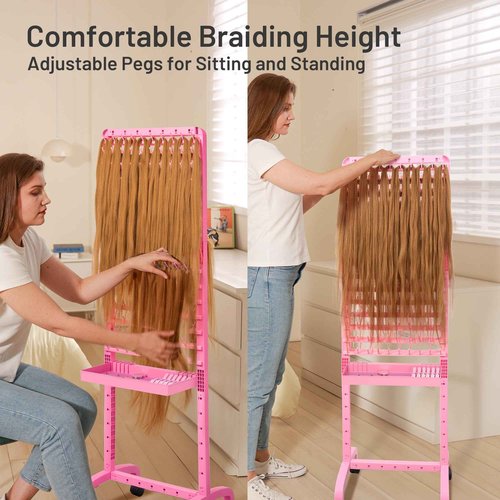 Yumkfoi Adjustable 280 Pegs Braiding Rack, Hair Racks with Tray and Braiding Tools, 2-sided Braid Rack for Braiders, Hair Separator with Wheels