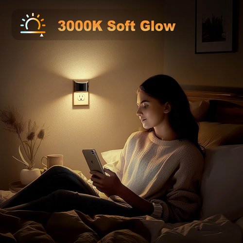 JandCase LED Night Lights Plug into Wall, 2 Pack Black Modern Night Lights, Dusk to Dawn Sensor Nightlight,0-100LM Brightness Adjustable, 3000K Soft White