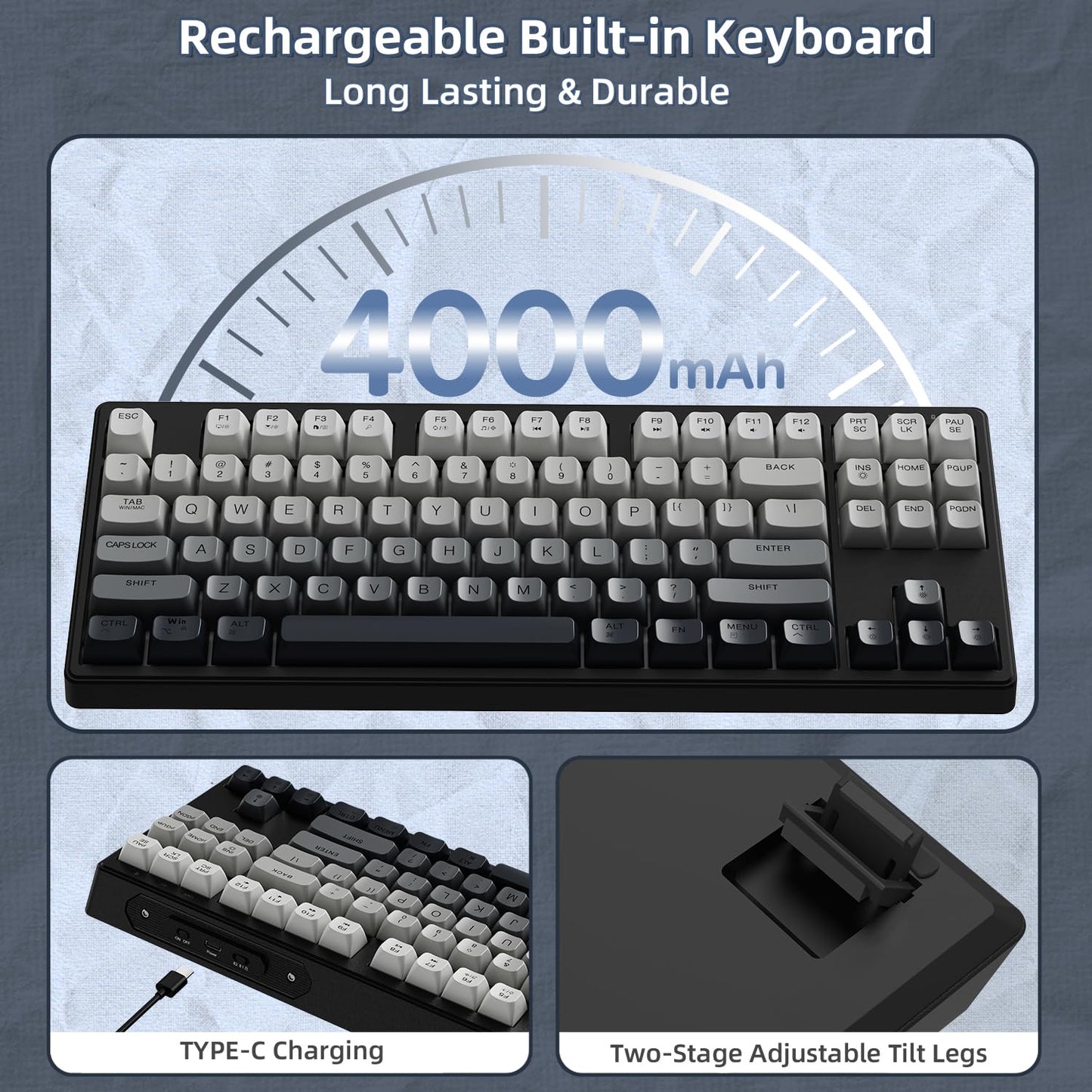 ZIYOU LANG M87 75% Wireless Gaming Keyboard Mechanical Feel Silent Rainbow Backlit Bluetooth/2.4Ghz PBT Gradient Keycaps Rechargeable 4000mAH Battery Ergonomic for MAC/Win/PC-Moonnight