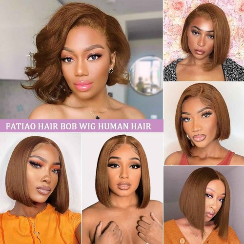 FATIAO #4 Brown Bob Lace Front Wigs Human Hair Straight HD Transparent Brown Bob Wig Human Hair Wear and Go Glueless Wig Pre Plucked Short Bob Wigs For Black Women 14inch