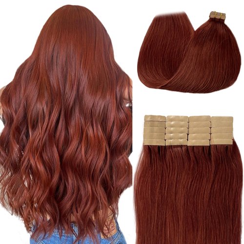 Tape in Hair Extensions #33 Dark Auburn 100% Real Human Hair Silky Straight for Women 24inch 20pcs 70g Dark Auburn Invisible Natural Human Tape in Hair Extensions