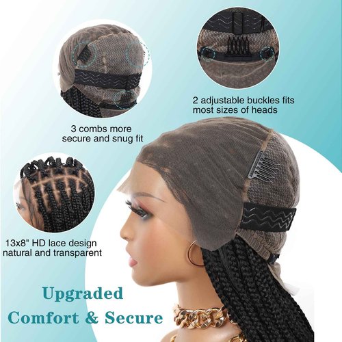 Kalyss 12inch 13x8 HD Lace Front Short Boho Braided Wigs for Women Full Lace Knotless Braided Wig with Bohemian Curly Box Braid Wig with Baby Hair Natural Black Premium Synthetic Braid Wigs