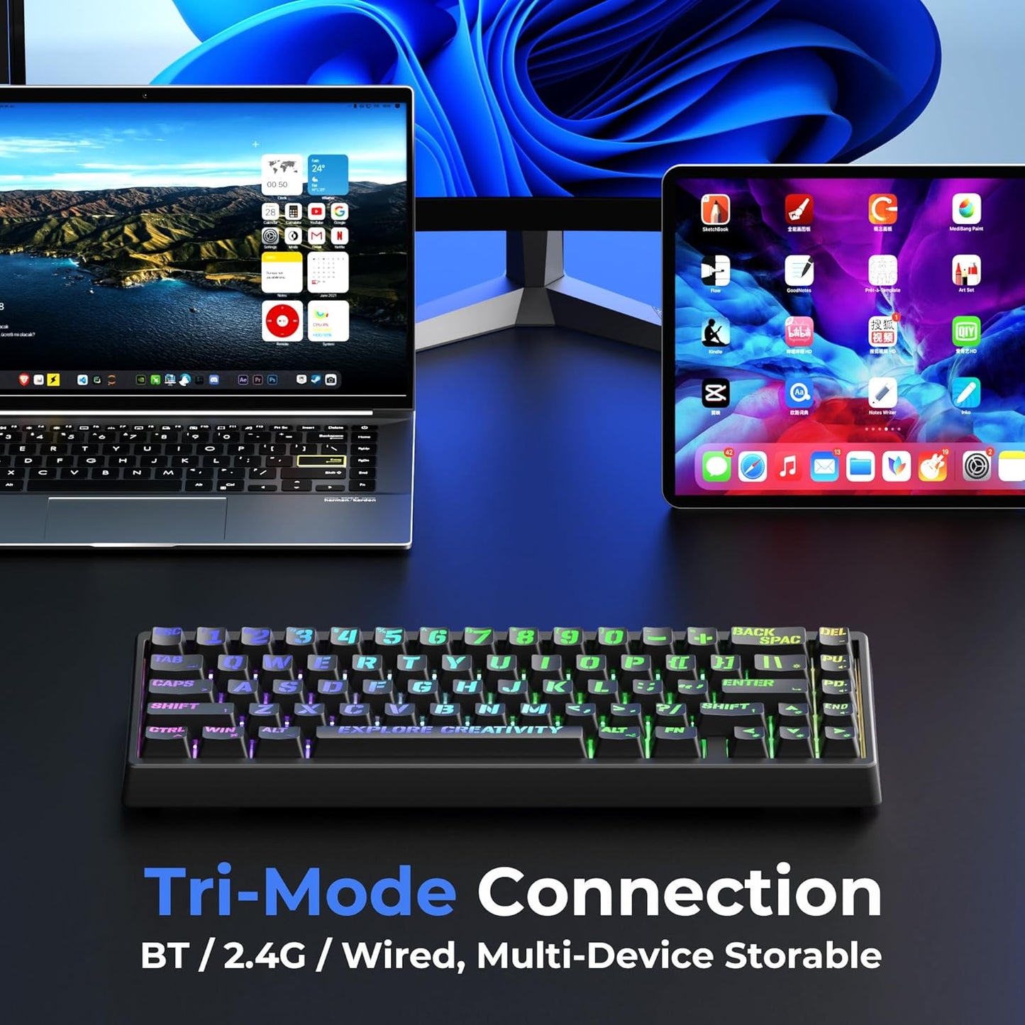 XVX M67 Wireless 60% Percent Keyboard, QMK/VIA Topographic Gaming Keyboard, Tri-Mode Thocky Creamy Mechanical Key Board, Hot Swappable Gasket Mount RGB IMD Tech for Win/Mac, Miami Theme, White