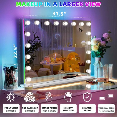 VANITII Vanity Mirror with RGB Lights 32"x23" Hollywood Makeup Mirror with 18 Dimmable Bulbs Lighted Vanity Mirror with Smart Touch for Bedroom Dressing Room