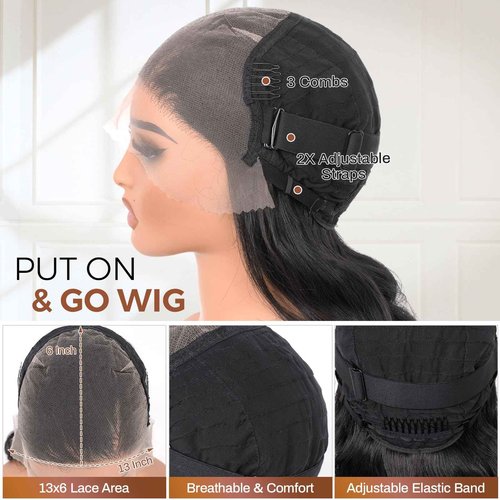Body Wave 13x6 HD Lace Front Wigs Blend Human Hair 180% Density Bob Wig Pre Plucked Short Bob Wigs for Black Women Glueless Frontal Wig Synthetic Hair Natural Black Loose Wavy 16 Inch