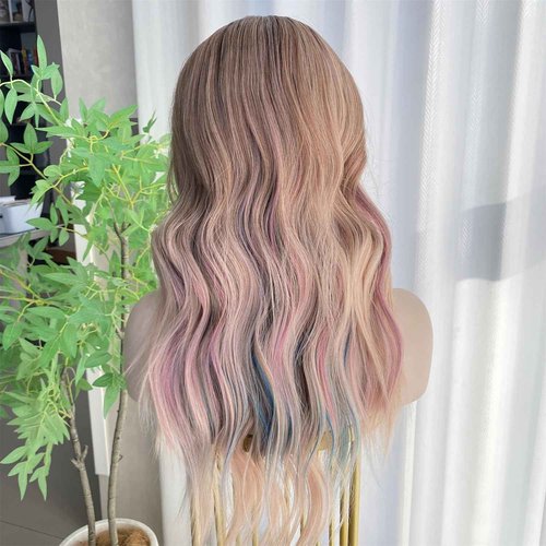 VASTCURY Rainbow Wigs Highlight Pink Blue Ombre Color 13x4 Synthetic Fiber Lace Front Wig Loose Wave 20Inch Pre Plucked Hairline for Women