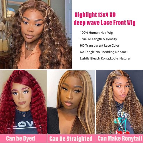 BLOCKICE 4/27 Highlight Ombre Lace Front Wigs Human Hair Pre Plucked 13x4 HD Honey Blonde Lace Front Wig Human Hair Wigs for Black Women 150% Density Deep Wave Glueless Wigs Human Hair 30 Inch