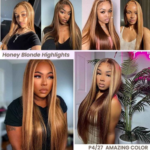 ALHER Honey Blonde Highlight Small Cap 13x4 Lace Front Human Hair Wigs Pre Plucked with Baby Hair Straight 4/27 Balayage Color Transparent Lace Frontal Wig Soft Thick 12A Brazilian Remy Hair 14 Inch