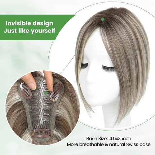 HOLFWALF Hair Toppers for Women Upgrade Swiss Lace Base Hair Topper 10inch Hairpieces for Women with Hairloss (Ombre Medium Brown with Blond Highlight)