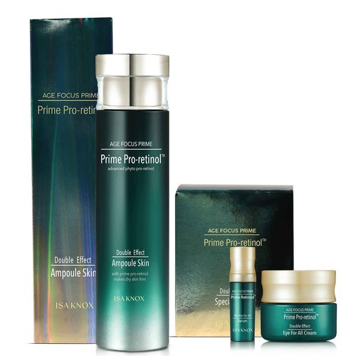 ISA KNOX AGE FOCUS PRIME Double Effect Ampoule Toner, PRIME Wrinkle For All Serum & PRIME Eye For All Cream (177 ml/5.99 fl oz) - Korean Skin Care by LG Beauty. Daytime Retinol.