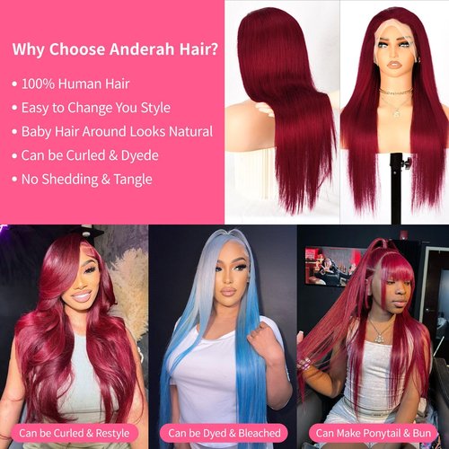 Anderah 99j Burgundy Lace Front Wigs Human Hair 13X4 Glueless Straight 99j Lace Frontal Wigs 180% Density Brazilian Virgin Human Hair Wigs for Women Pre Plucked With Baby Hair 22Inch