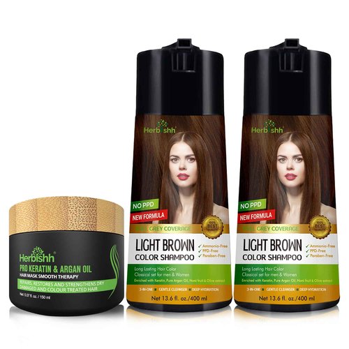 Herbishh C2 Combo (Color + Condition) with Light Brown Hair Color Shampoo Pack of 2 (400ml) + Hair Mask 150gm - Hair Dye Shampoo for Grey Hair | Gift Set for Parents, Men and Women |