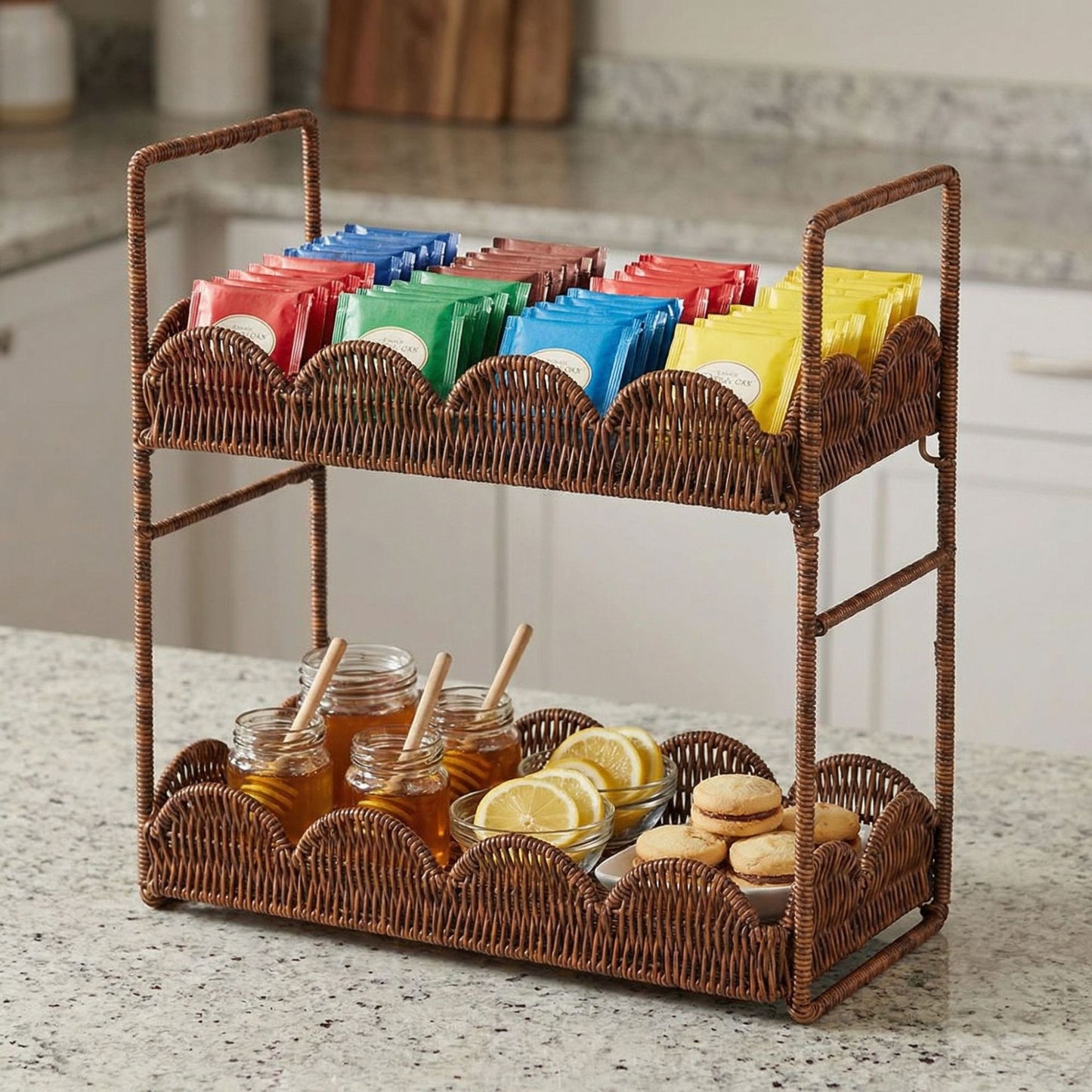 Double-Tier Bathroom Storage Shelf Rattan-Woven Movable Organizer