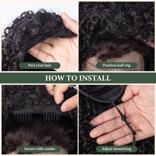 Prosa Kinky Curly Half Wig, 3-in-1 Synthetic Hair with Drawstring Headband, Clip-in Glueless Seamless Flip Over Design, Color 1B, for Women (18inch)