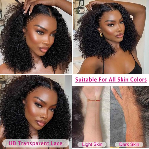 Short Curly Bob Wig Human Hair 13x4 Water Wave Bob Wigs 200 Density HD Transparent Lace Frontal Wigs Deep Wave Curly Bob Wig Hair 14 Inch