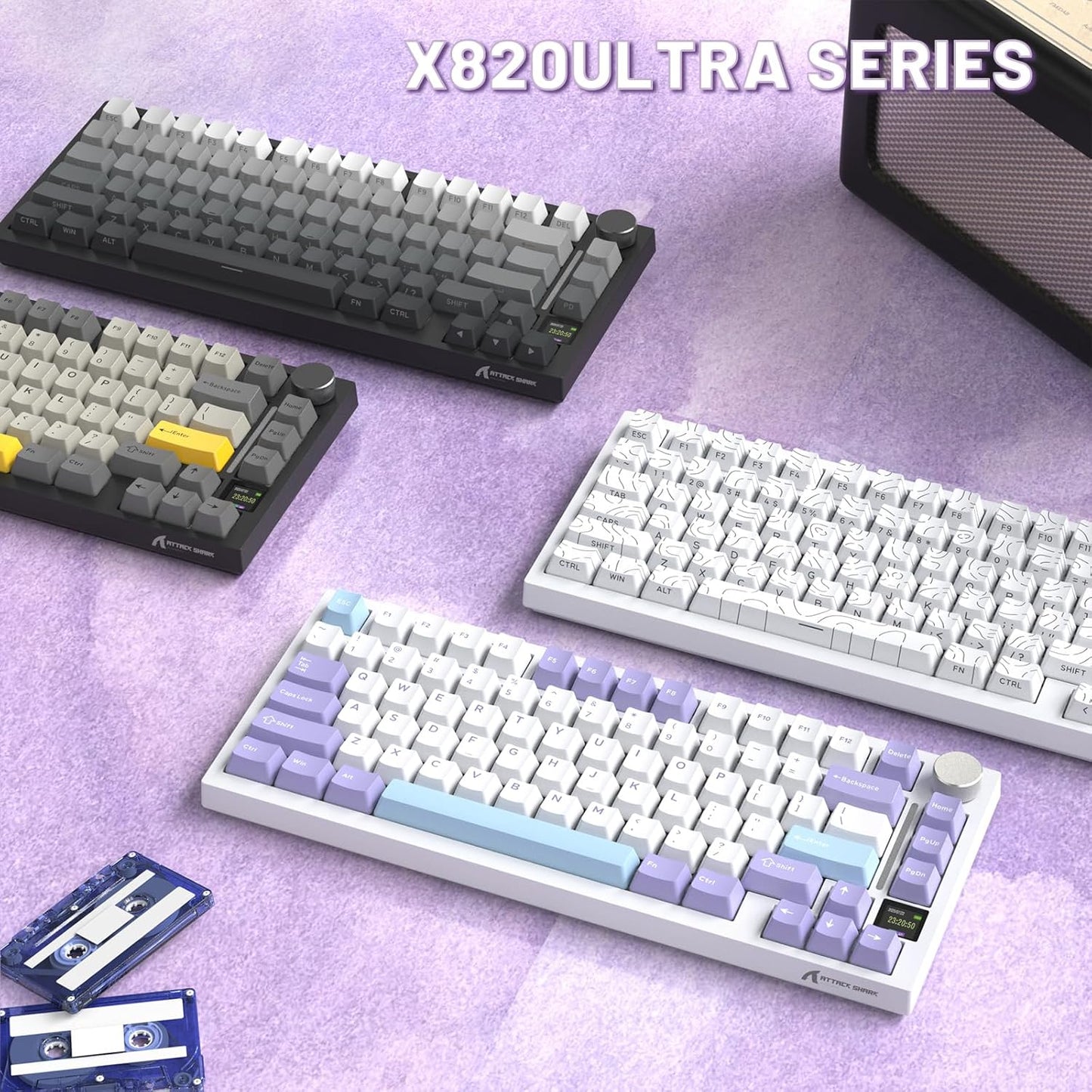Attack Shark ajazz AK820 Wired Mechanical Gaming Keyboard with Volume Knob Hot Swappable 75% Gasket Keyboard 5-Layer Noise Absorbing Foam PBT Keycap Ice Blue Backlit Blue Switch for PC/Win/Mac-White