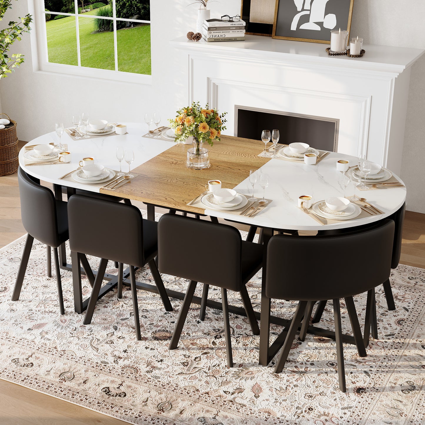 9-Piece Oval Dining Table Set, Fixed White Faux Marble & Wood Grain