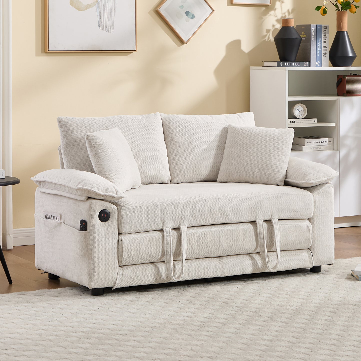58 Inch Convertible Futon Sofa Bed with Side Pockets - Cream White