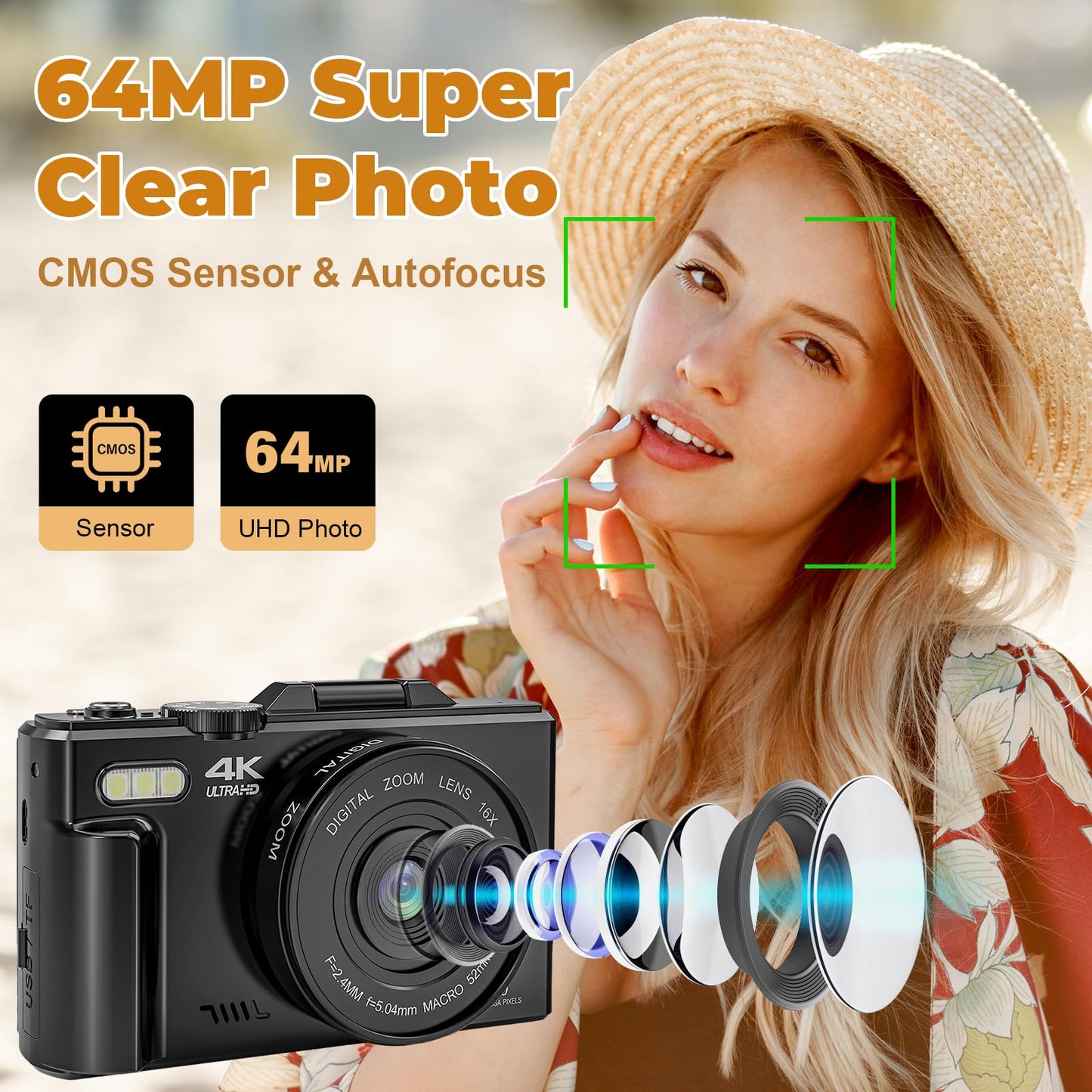 4K Digital Camera - Digital Cameras for Photography - 64MP Vlogging Camera for YouTube - Autofocus Video Camera 3" 180° Flip Screen with 18X Zoom - Compact Travel Cameras with 32GB SD Card 2 Batteries