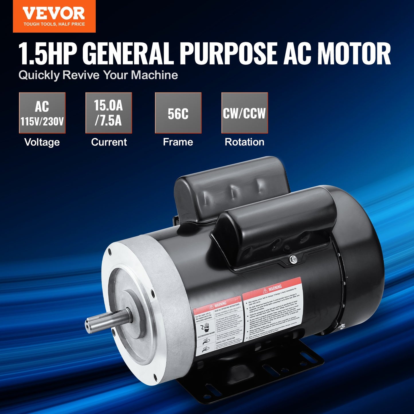1.5HP Electric Motor 1725 RPM AC 115V/230V CW/CCW Rotation 56C Frame