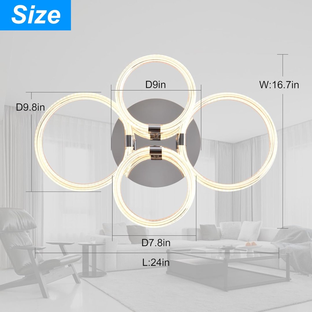 Modern Dimmable LED Ceiling Light with Remote Control, 4-Ring Acrylic Flush Mount Fixture for Bedroom, Living Room, Kitchen