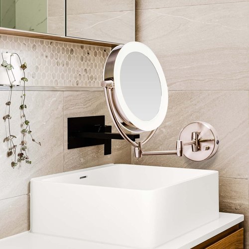 Ovente 7.5" Lighted Wall Mount Makeup Mirror, 1X & 10X Magnifier, Spinning Double Sided Round LED w/ Dimmer Switch, Extend, Retractable & Folding Arm, Battery USB Powered Nickel Brushed MLW75BR1X10X