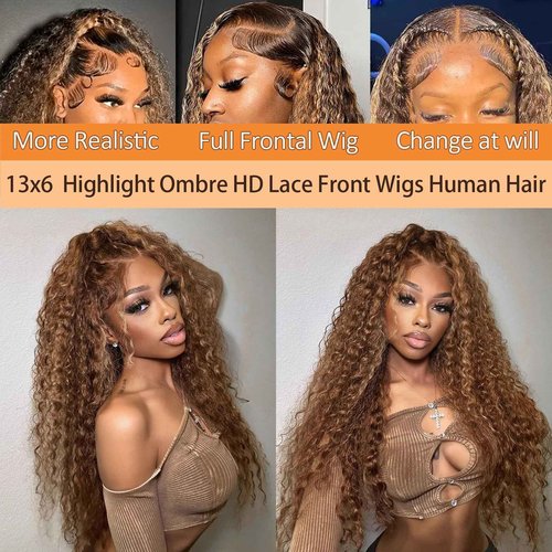 AKUZO Highlight Ombre Deep Wave Lace Front Wigs Human Hair 13x6 Lace Front HD Lace Front Wigs 4/27 Honey Blonde Lace Frontal 200 Density Glueless Wigs Pre Plucked Baby Hair 20inch