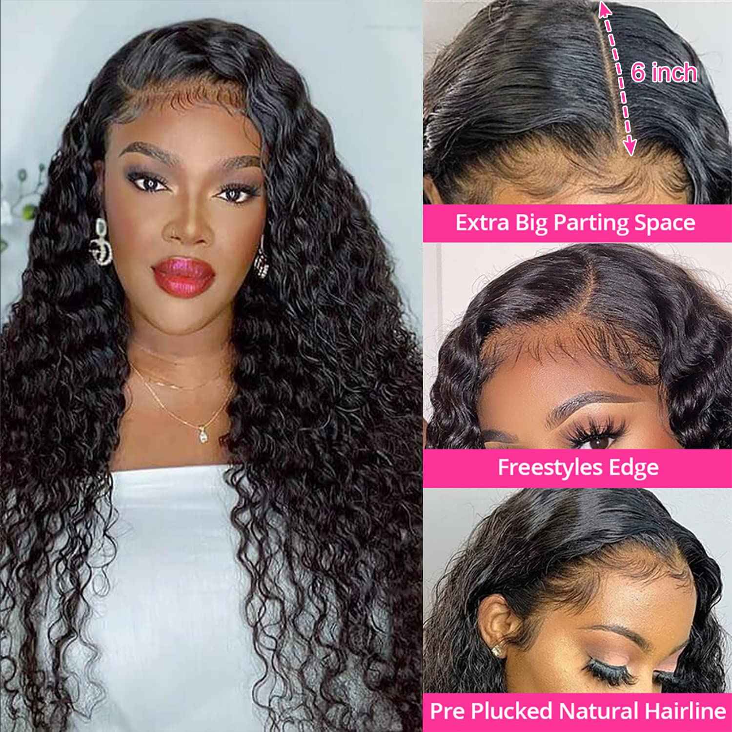 180 Density 13x6 HD Transparent Lace Front Wigs Human Hair Water Wave Lace Front Wigs for Women Curly Lace Front Wig Wet and Wavy Human Hair Wig Pre Plucked with Baby hair Natural Color (20 Inch)