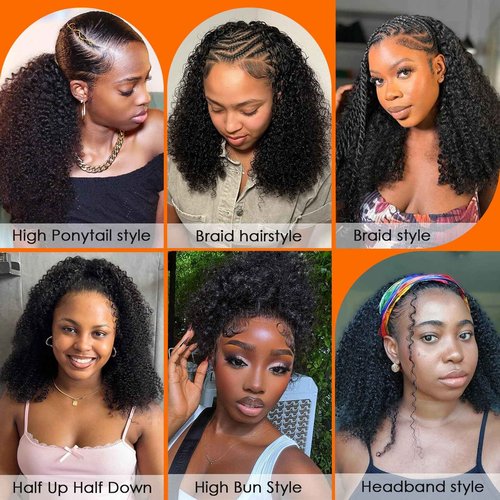 CabeDuck 20 Inch Kinky Curly Half Wig Human Hair 210% Density Wear then Go Glueless Wigs Human Hair Curly 3 In 1 Half Wigs for Women Drawstring Headband Wig Beginner Friendly Second Generation